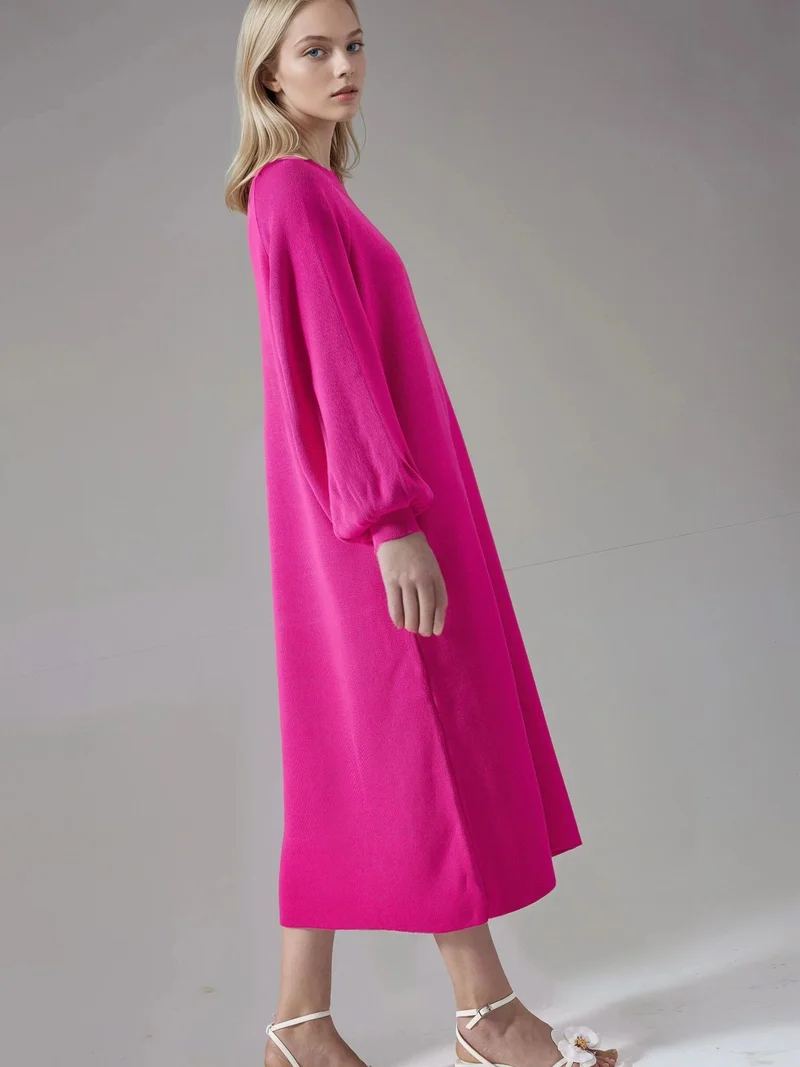 MY FASHION Magenta Pink MY FASHION Long Loose Fit Ribbed Knit Dress with Crew Neck for Women | Best Price UAE
